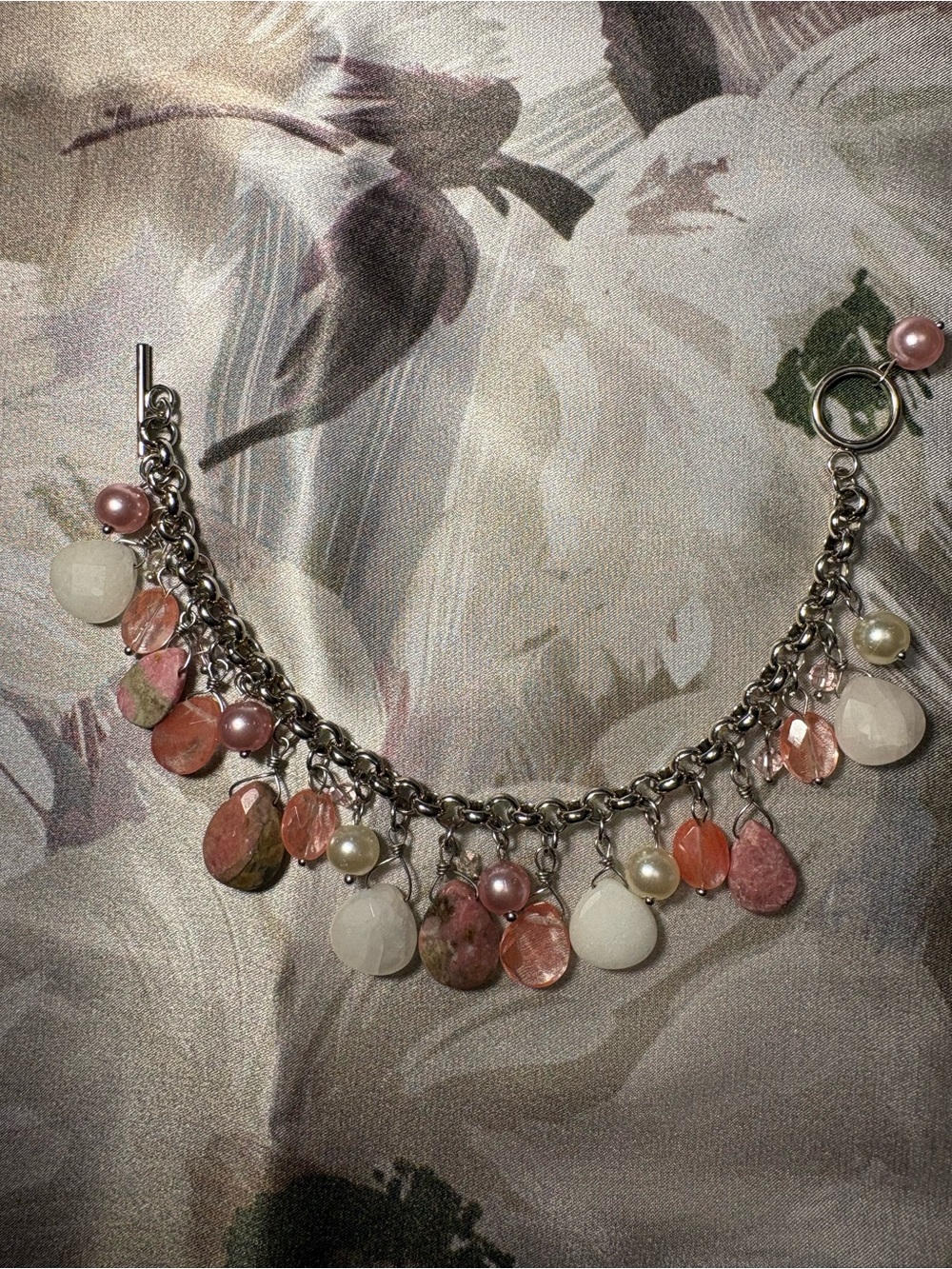 Pink and White Stone Beaded Sterling Silver Charm Bracelet